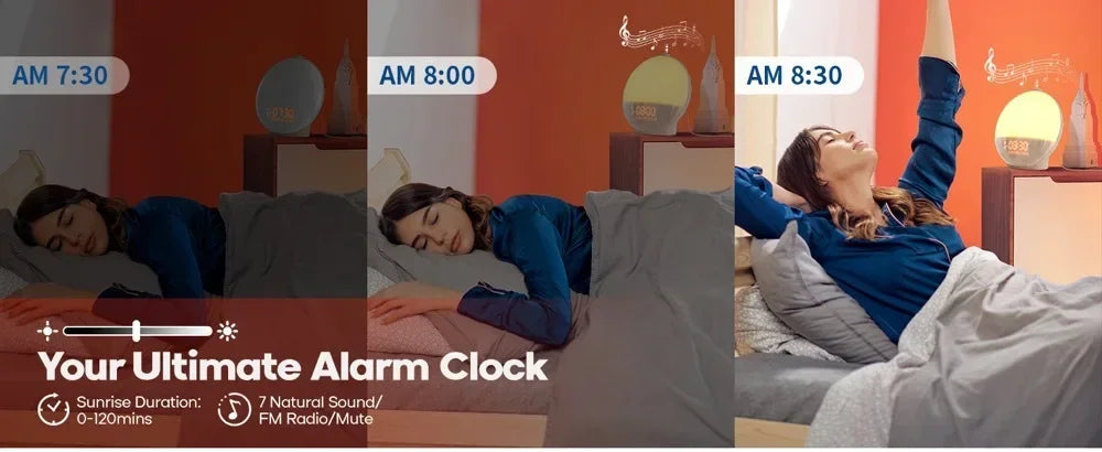 LumoRise™ – Smart Soluppgångs Väckarklocka med Sömnhjälp & FM-Radio